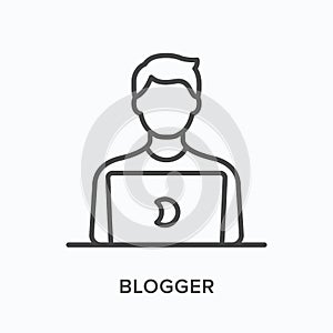 Man working on laptop flat line icon. Vector outline illustration of person using computer for distant work. Blogger