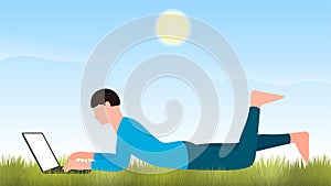 Man working on laptop on garden grass, work from home and flexible work hour character vector illustration