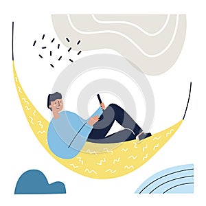 Man working on a laptop in a hammock. Freelance, work from home concept.