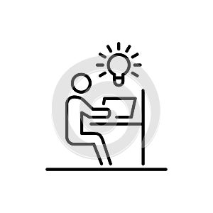 Man working on laptop with idea bulb business people icon simple line flat illustration