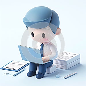 man working at a laptop next to a pile of papers 3d character. ai generative