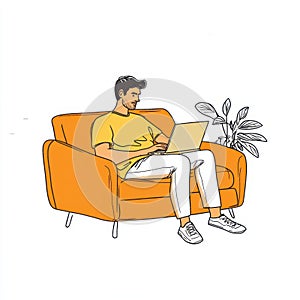 Man Working on Laptop Relaxed on Orange Sofa isolated on white background