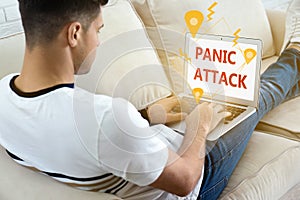 Man working with laptop. Use information safely to avoid panic attack