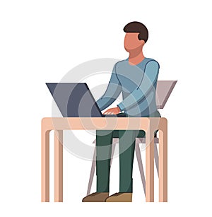 Man working on laptop. Vector flat illustration character design