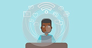 Man working on laptop vector illustration.