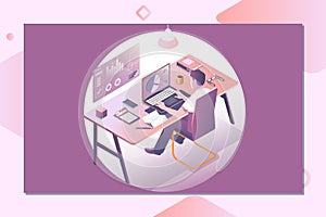 A man working on the laptop. Workspace concept with devices.Landing page template. 3d vector isometric illustration