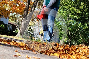 Man working with leaf blower: the leaves are being swirled up and down on a sunny day.