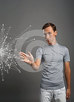Man working with linked dots. Wireless connection concept.
