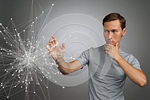 Man working with linked dots. Wireless connection concept.