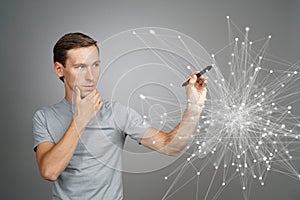 Man working with linked dots. Wireless connection concept.