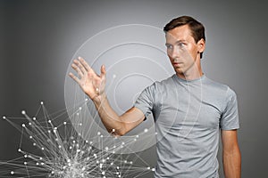 Man working with linked dots. Wireless connection concept.