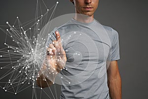 Man working with linked dots. Wireless connection concept.