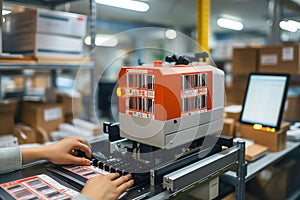 A man working on a machine for printing labels and barcode on boxes in a warehouse