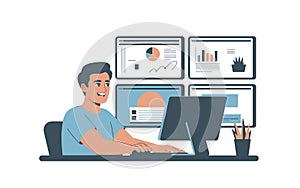 Man working on multiple computer screens with charts