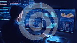 Man working on data analysis cybersecurity coding software development with multiple computer screens