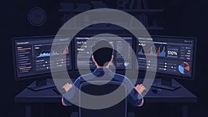 Man working on multiple computer screens in a dark room analyzing data and statistics