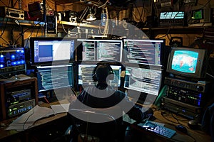 A Man Working on Multiple Computers in a Cluttered Workspace