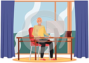 Man working at office with computer at workplace. Employee manager or businessman sitting at desk