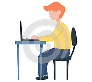 Man working at office with computer at workplace. Employee manager or businessman sitting at desk