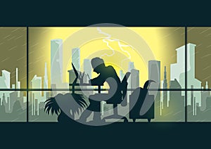 Man working in office. Vector illustration decorative background design
