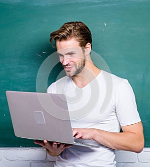 Man working online. student man at e learning class. man use 4g internet to study. back to school. business school
