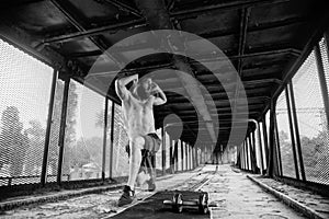 Man working out at old train station