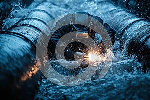 A man is working on a pipe in the water