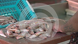 Man working with raw fish on market stall.