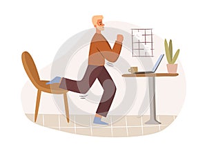 Man working and stretching at workplace at home