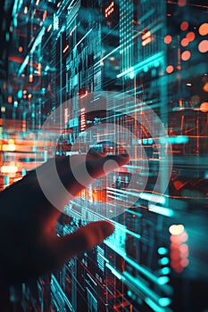 Man working with touch screen of innovative artificial intelligence interface