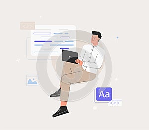Man is working on ui ux design project. Programmer, sit on infographic and work on laptop. Freelancer working on web and