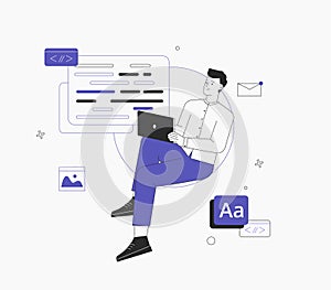Man is working on ui ux design project. Programmer, sit on infographic and work on laptop. Freelancer working on web and