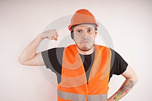 Man in working uniform on white background