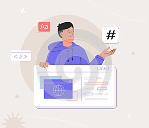 Man working on web and application development. Software developers concept. Flat style vector illustrations.