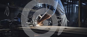 Man Working on Wood With Grinder, Carpentry Craftsmanship in Action