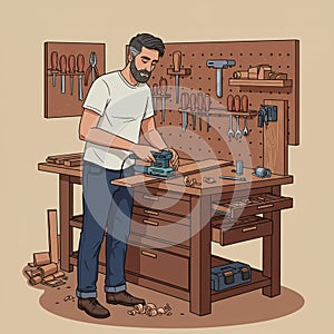 A man is working in a workshop using an electric planer on a wooden workbench. The
