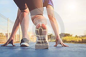 Man workout and wellness concept : Runner feet with sneaker shoe