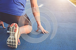 Man workout and wellness concept : Runner feet with sneaker shoe