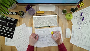 Man At Workplace With Computer And Storyboard Flat Lay