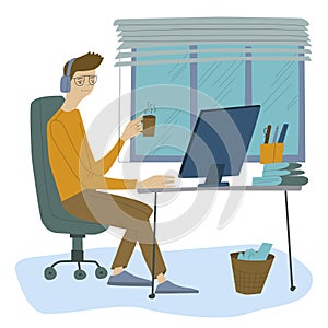 Man works at a computer, programmer, businessman, work in the office, workplace. Flat design vector