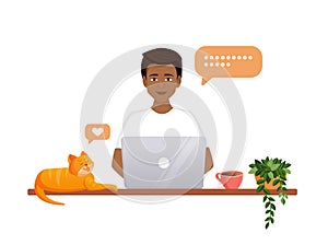 The man works at the computer. Remote work, freelance, home office, programming, education. Communication on the