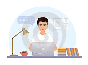 The man works at the computer. Remote work, freelance, home office, programming, education. Communication on the