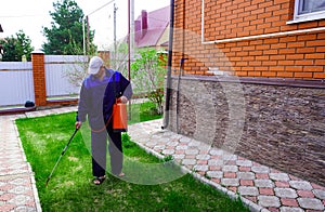 A man works in the garden, spraying weeds from a sprayer