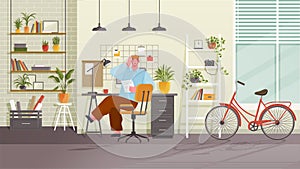 Man works at home office with cozy modern workplace, room with bike and houseplants. Tired employee