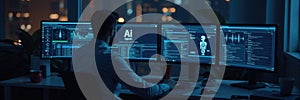 Man works late at night on AI software with multiple monitors. Technology