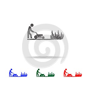 man works with a lawn mower icon. Elements of garden in multi colored icons. Premium quality graphic design icon. Simple icon for