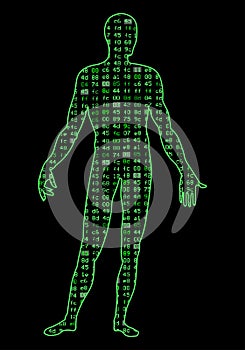 Artificial Intelligence.Silhouette of a human body on a black background program binary code. It can illustrate