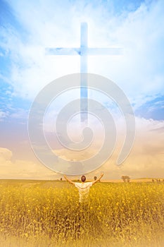 Man worshiping God. Cross appears in Heaven