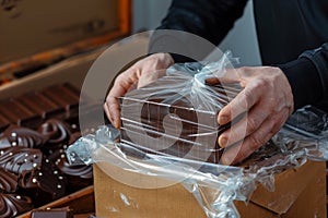 man wrapping a chocolate box with a clear plastic sheet