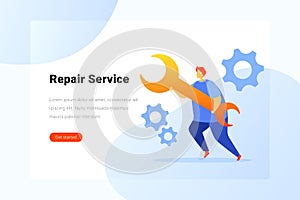Man with Wrench spanner fix repair service Gears Flat vector illustration